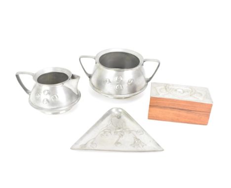 A selection of Liberty Tudric pewter to include a matching sugar and milk jug, both numbered 03030, a triangular dish numbere