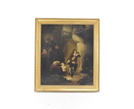 A late 18th/early 19th century oil on canvas interior scene depicting a gent seated by a fireplace, lady serving and further 