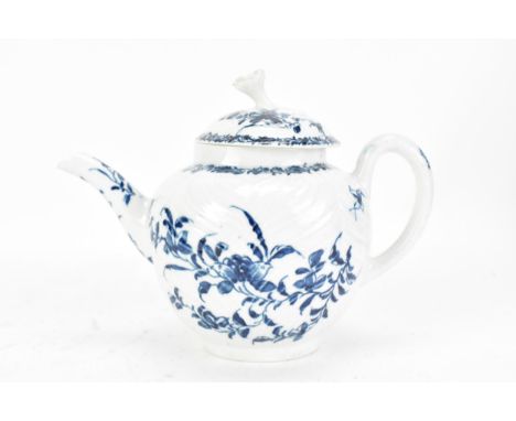 A mid 18th Century first period Worcester feather moulded teapot and cover, hand decorated with stylised floral garlands to t