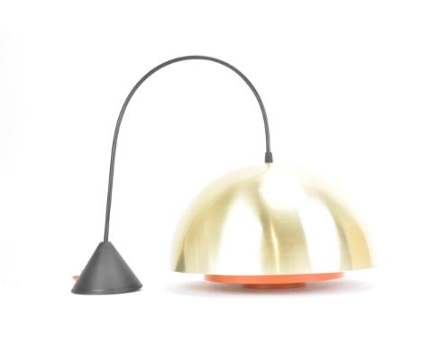 A retro Danish circa 1970s Jo Hammerborg for Lyfa 'Milieu' hanging light, having a polished brass shade with orange lacquer i
