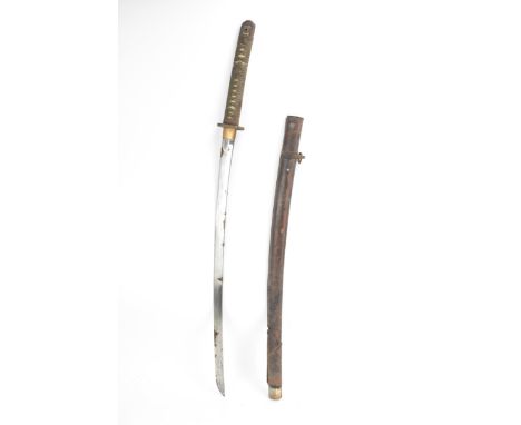A Japanese WWII Shin-Gunto neo army officers sword, circa 1937-45, prunus cast brass tsuba, brown braid bound tsuka and tripl