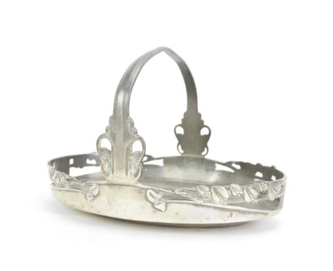 A Liberty of London Tudric pewter cake basket designed by Archibald Knox, of oval section, having a pierced gallery incorpora