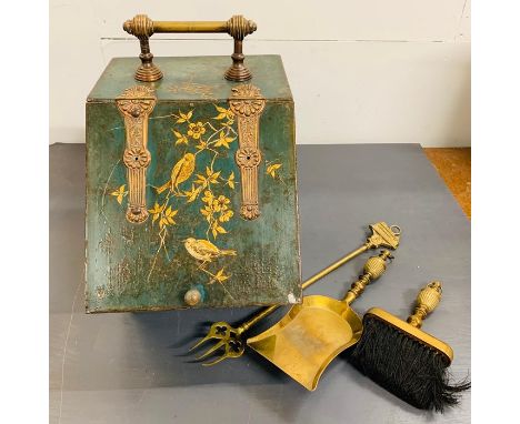 A beautiful patina coal scuttle with brass inlay birds to front along with fire tools.  40 x 40