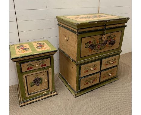 A painted trunk on chest of drawers along with a bedside of same design  (H90cm W76cm D50cm bedside H60cm W46cm D38cm)