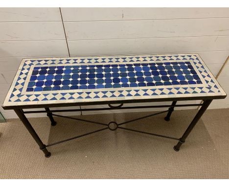 A tile top console table with wrought iron legs (H78cm W121cm D40cm)