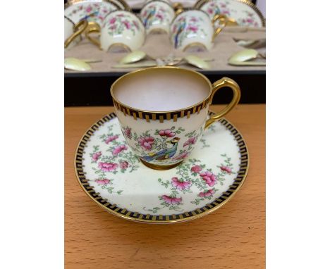 A very rare set of Royal Worcester hand painted demitasse with yellow enamel and silver gilt spoons by Mappin &amp; Webb (Hal