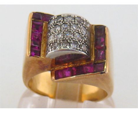 An Art Deco ruby and diamond dress ring, the central curved section pave set with a grid of eight-cuts, in a stepped surround