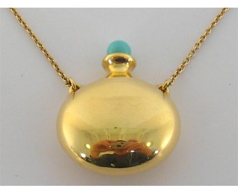 TIFFANY, Elsa Peretti Collection, an 18 carat gold scent bottle pendant, with turquoise screw in finial, signed and stamped ‘