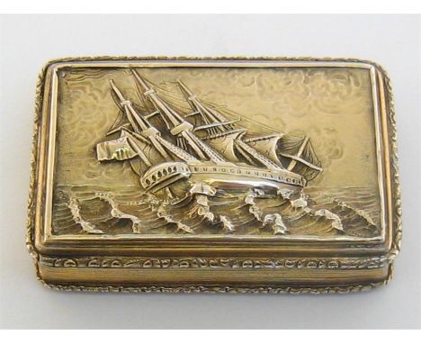 Maritime interest:- a William IV silver-gilt snuff box by Thomas Ellerton, London, 1836, chased in relief with a three-masted