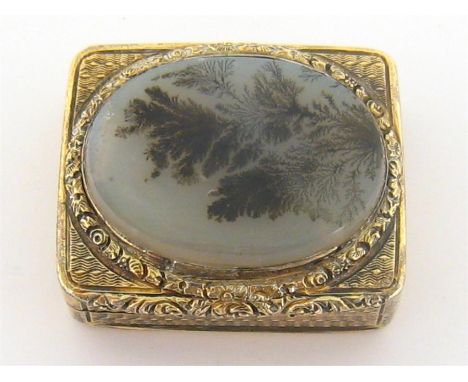 A William IV silver-gilt vinaigrette by Joseph Willmore, Birmingham, 1832, with a moss agate oval panel inset on cover within