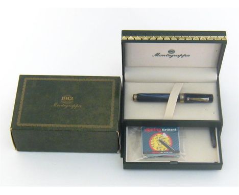 Montegrappa Piccola, a pocket size blue marble resin and silver fountain pen, with medium 18 carat gold nib, cartridge filler