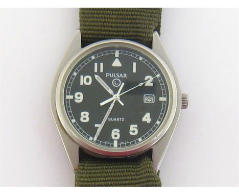 A British Army MOD surplus Pulsar G10 quartz wristwatch, issued 2004, marked to case back with NSN 6645-99 6052627, broad arr