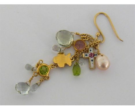 A gold (tests 18 carat), cultured pearl and multi gem earring, composed of tourmaline, aquamarine, and amethyst briolette dro