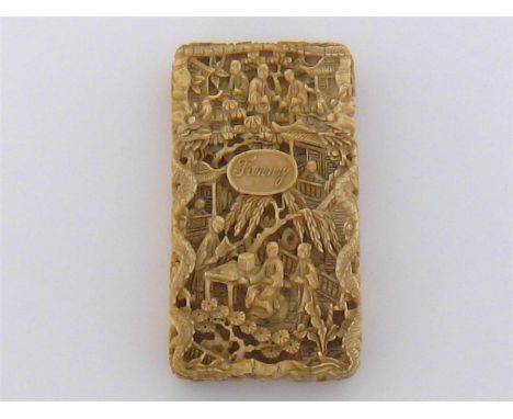 A Chinese export ivory card case, circa 1860, deeply carved with Chinese domestic and rural scenes, the cartouche “Fanny” in 