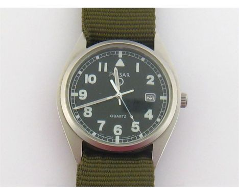 A British Army MOD surplus Pulsar G10 quartz wristwatch, issued 2001, marked to case back with NSN 6645-99 6052627, broad arr
