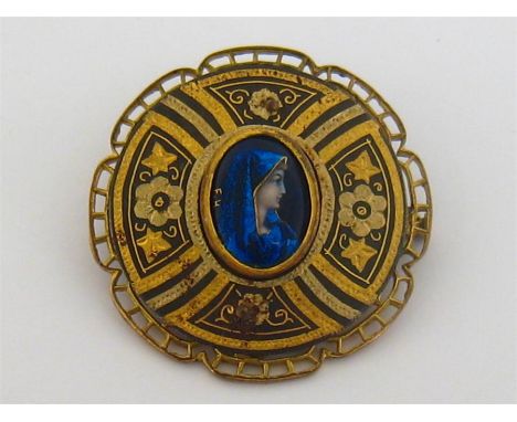 A gilt metal and enamel brooch, set to the centre with a painted enamel illustration of the profile head of the Virgin, signe