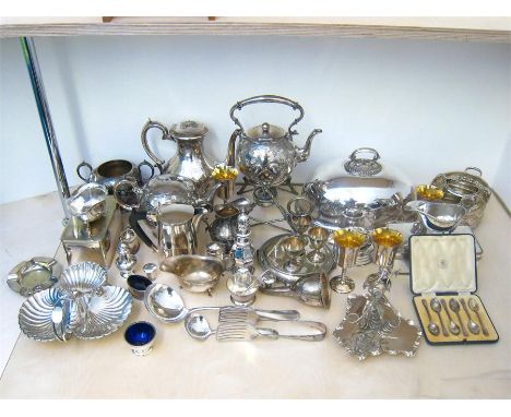 A quantity of silver plate, Victorian/modern, comprising:- a 4 piece  Victorian tea and coffee set by Walker & Hall, engraved