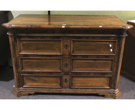 A Canterano 18th century style fruit wood chest of drawers. With all over parquetry inlay, the top with molded arched edge an