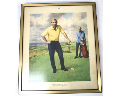 A coloured print of 1962 Troon Open Golf Champion Arnold Palmer. Titled 'Arnold Palmer at Troon', the original was commission