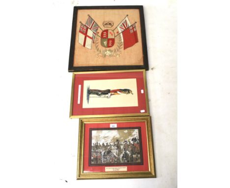 Two military pictures and an embroidered crest. Comprising a coloured print by James Thiriar 'Lieut. General Sir Thomas Picto