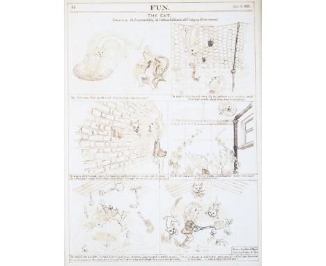 A framed cartoon for Punch Magazine, titled 'Fun, The Cat. Titled 'Concerning The Irrepressibility, Its unthwartableness, its