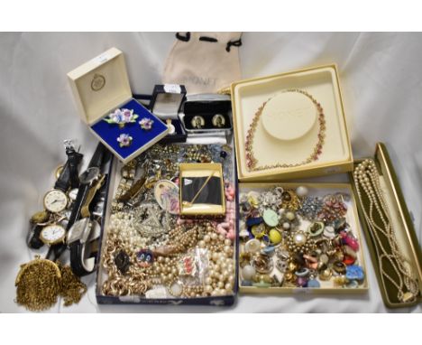 A selection of mixed vintage and antique costume jewellery, chain mail coin purses and watches.