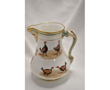 A vintage jug in the Victorian style, having hand painted Cock fighting scenes, green banding and gilt detailing.
Approx 20cm