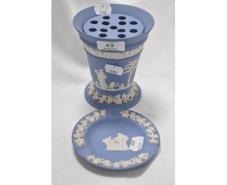 Two vintage pieces of Wedgwood Jasperware in pale blue, including pin dish and vase.