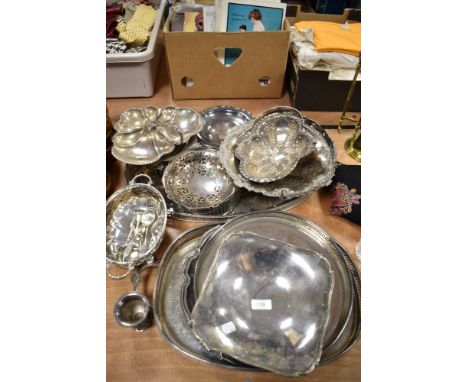 a collection of vintage plated ware; trays and highly decorative Bon-Bon dishes included.