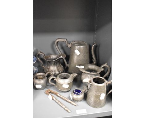 A collection of vintage pewter ware and plated ware, including James Dixon and Sons jug.