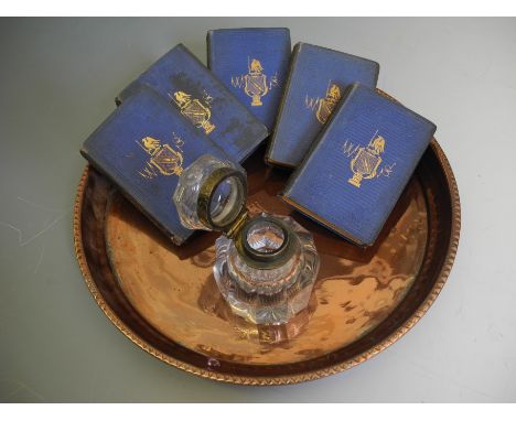 A selection of oddments to include ink well with eternal patterned rim, weighing scales and decorative wall plate.