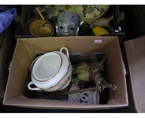 Two boxes of mixed China to include contemporary mask sculpture, ceramic figures and large tureen.