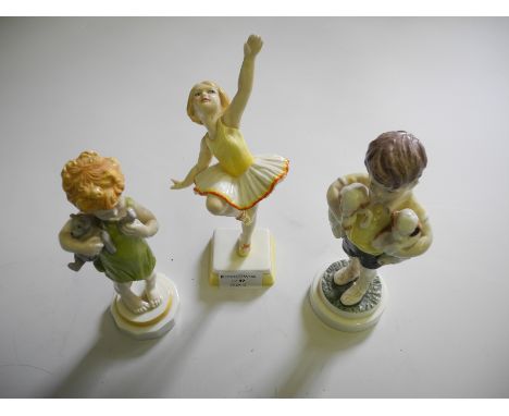 Three Royal Worcester figures to include 'All Mine', 'Tuesday's child is full of grace' and 'Wednesday's child knows little w