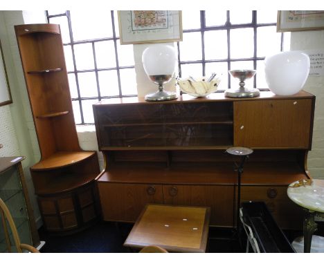 A 1960s teak sideboard with display cabinet top, a teak corner shelf unit and a nest of tables.