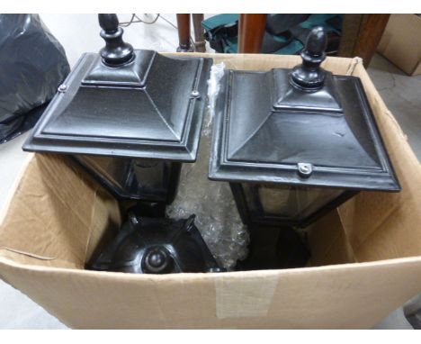 Two Outside Electric Lantern Lights plus Metal Cricket Cage Candle Holder