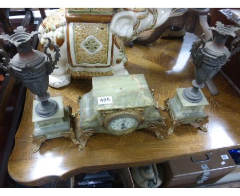 19th century French Green Onyx Clock Garniture (lacking finial to clock)