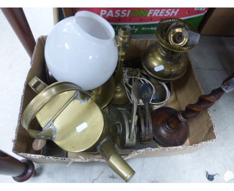 Collection of Items including Brass Watering Can, Three Office Stamps, Brass Oil Lamp with shade and chimney, Pair Barley twi