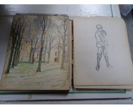 Two artist sketch books by separate hands to include portraits scene subject matter in pencil and watercolour