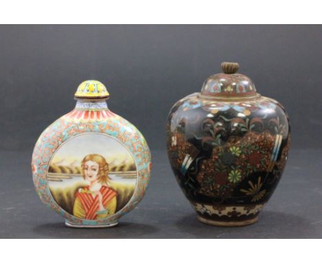 Two cloisonne enamel lidded pots, one with painted figures and character marks to the base