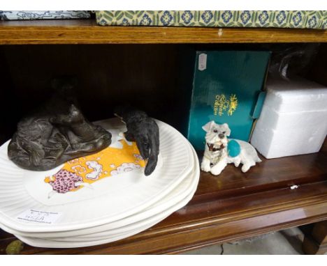 Five Beefeater ceramic steak plates plus Three dog ornaments