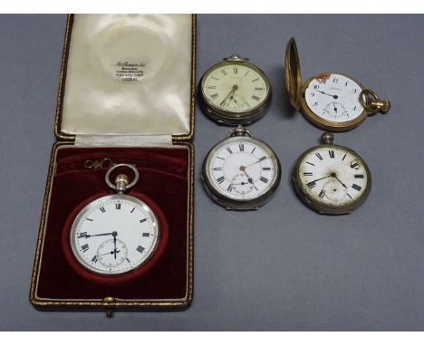 Four vintage silver cased pocket watches including a boxed example plus a gold plated hunter pocket watch