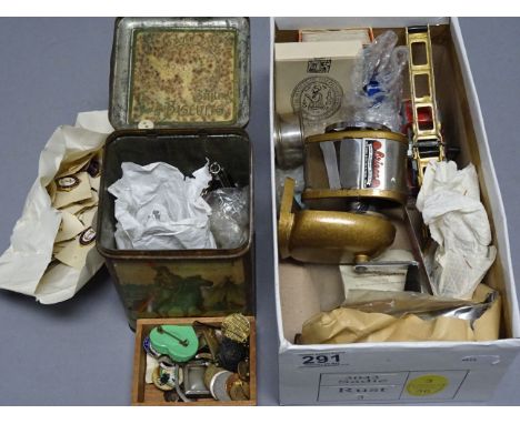 Box of mixed collectables to include; enamel charity badges, diecast cars, card games etc
