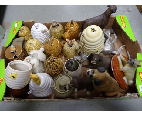 Collection of Bee and other Ceramic Honey / Preserve Pots plus Model Dogs and Horse