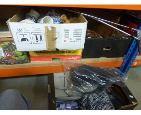 Four Boxes of Mixed Items to include Vintage Handbags, Treen, Ceramics, Glass plus two golf clubs and a stool