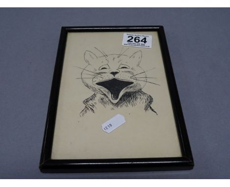 Framed Louis Wain style pen & ink cat picture