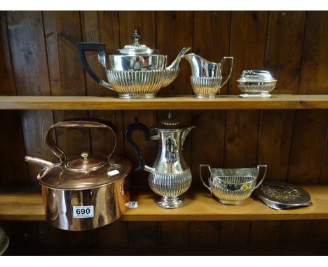 Silver Plated Four Piece Tea Service and matching table lighter plus Copper Kettle and a Brass Oil Lamp