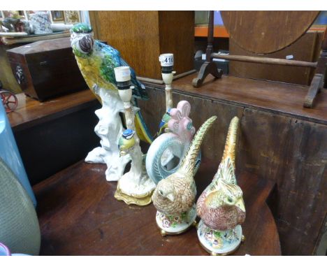 A large Italian ceramic model of a parrot, along with a pair of lamps, ceramic pair of pheasants, Copenhagen vase and one oth