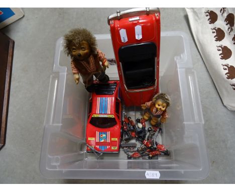 Steiff Hedgehog plus another smaller Hedgehog (lacking labels) together with Quantity of Diecast Soldiers and Two Cars