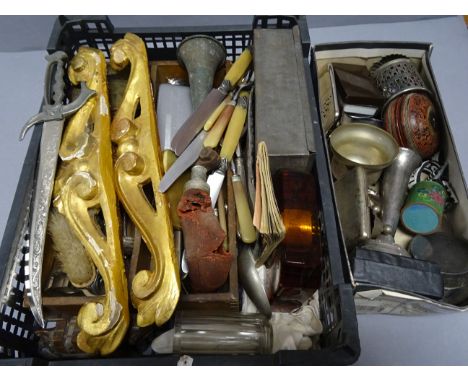 Two boxes of mixed collectables to include cutlery, silver plate, glass, clock, enamel