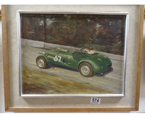 Oil on Board of a Speeding Vintage Racing Car and Driver